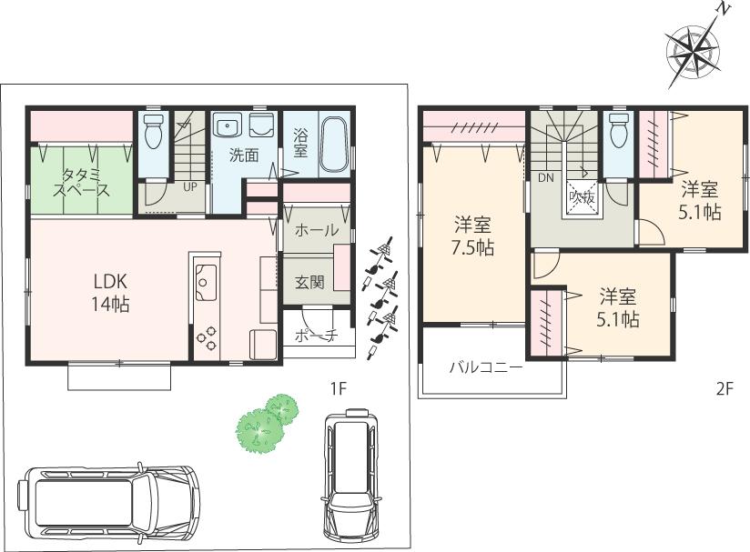 Compartment view + building plan example. Building plan examples (No.1) 3LDK, Land price 14.3 million yen, Land area 120.11 sq m , Building price 14,305,000 yen, Building area 93.56 sq m