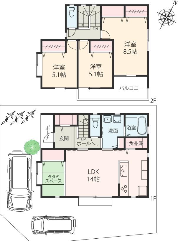 Compartment view + building plan example. Building plan example (No.11) 3LDK, Land price 14.8 million yen, Land area 120.08 sq m , Building price 14,550,000 yen, Building area 94.39 sq m
