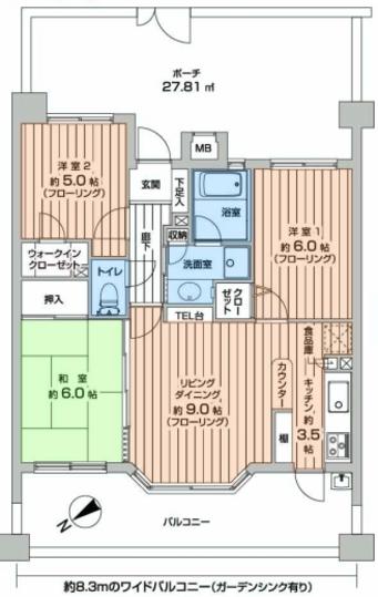 Floor plan. 3LDK, Price 17,900,000 yen, Occupied area 64.82 sq m , Balcony area 15.3 sq m