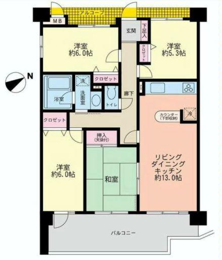 Floor plan. 4LDK, Price 23 million yen, Footprint 80.3 sq m , Balcony area 14.84 sq m