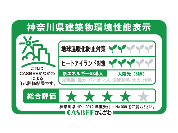 Building structure.  [Kanagawa Prefecture building environmental performance display] Based on the efforts of building global warming plan that building owners to submit in Kanagawa Prefecture, It is evaluated in five steps for the two priority issues (young leaves mark) and overall rating (star mark).  ※ For more information see "Housing term large Dictionary".