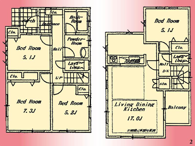 Floor plan. (Building 2), Price 33,800,000 yen, 4LDK, Land area 85 sq m , Building area 92.74 sq m