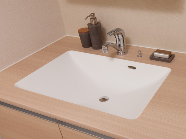 Bathing-wash room.  [Stylish counter] Inconspicuous seams of artificial marble bowl and melamine counter, Adopting the care is likely to stylish counter. Design is also a specification that enhanced.
