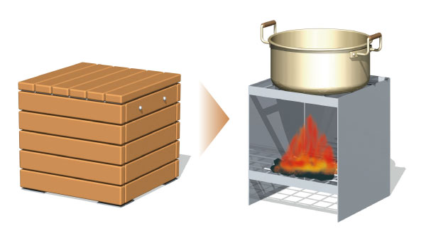 earthquake ・ Disaster-prevention measures.  [Kamado stool] As stool usually, It can be used as a soup kitchen stove and remove the plate for the sitting at the time of disaster. (Conceptual diagram)
