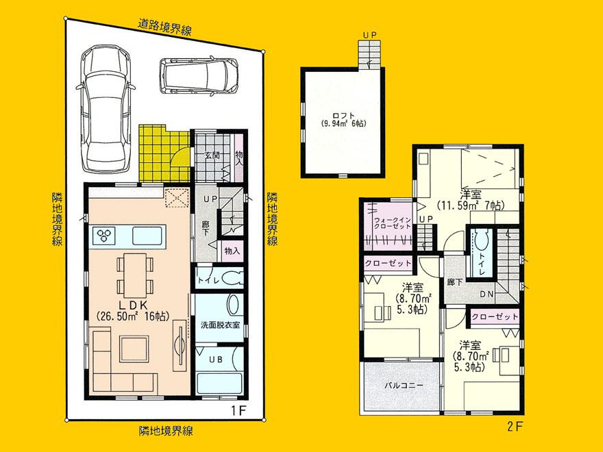 Compartment view + building plan example. Building plan example, Land price 19 million yen, Land area 87.1 sq m , Building price 13,770,000 yen, Building area 84.15 sq m