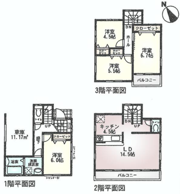 Floor plan. (3 Building), Price 37,800,000 yen, 4LDK, Land area 64.15 sq m , Building area 110.74 sq m