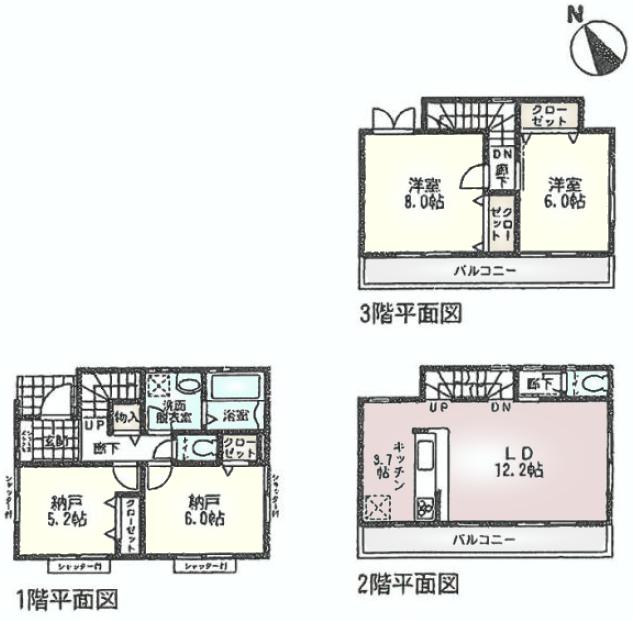 Floor plan. (5 Building), Price 33,800,000 yen, 2LDK+2S, Land area 82.44 sq m , Building area 99.35 sq m
