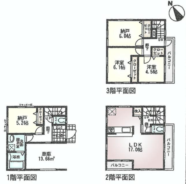 Floor plan. (6 Building), Price 36,800,000 yen, 2LDK+2S, Land area 62.9 sq m , Building area 113.02 sq m