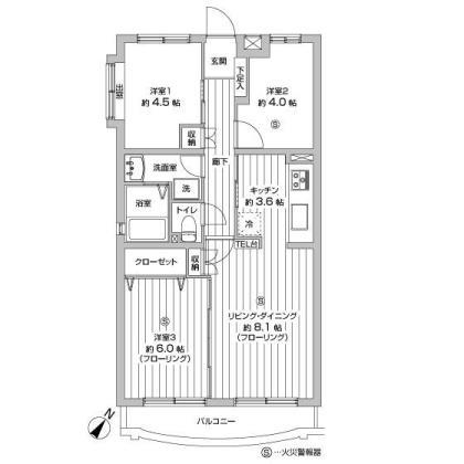 Floor plan. 3LDK, Price 12.8 million yen, Occupied area 58.27 sq m , Balcony area 6.07 sq m