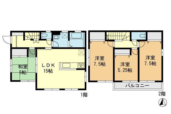Floor plan. (Building 2), Price 32,500,000 yen, 4LDK, Land area 136.05 sq m , Building area 94.39 sq m