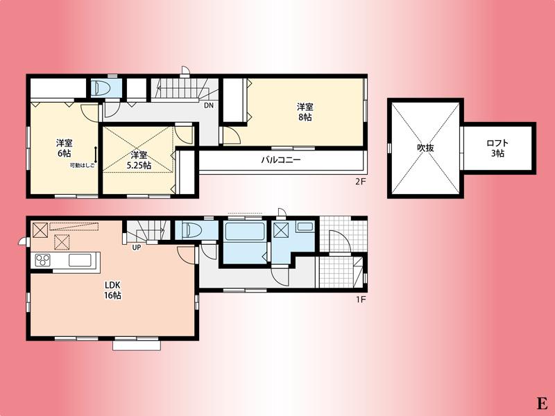 Floor plan. (E Building), Price 35,800,000 yen, 3LDK+2S, Land area 93.22 sq m , Building area 90.25 sq m