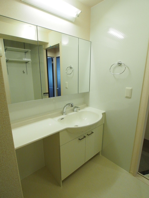 Washroom. Vanity with a large mirror