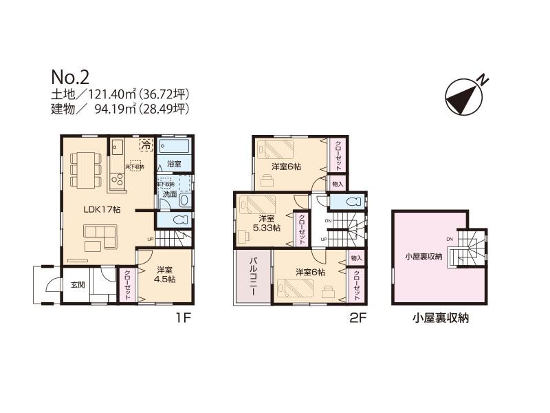 Floor plan. (Building 2), Price 36,800,000 yen, 3LDK+S, Land area 121.4 sq m , Building area 94.19 sq m
