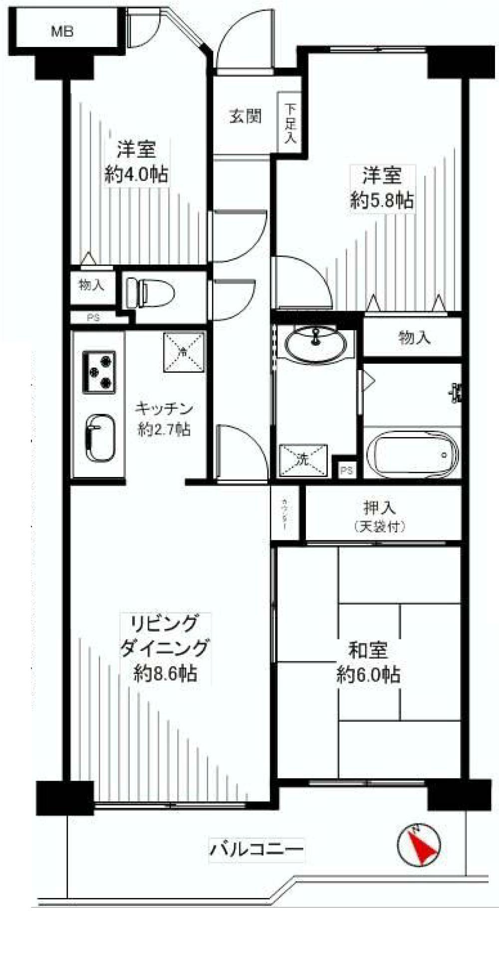 Floor plan. 3LDK, Price 15.9 million yen, Occupied area 60.47 sq m , Balcony area 8.38 sq m