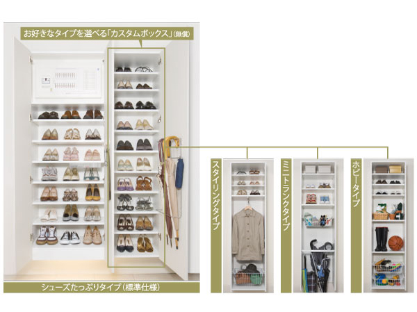 Receipt.  [Multi-entry cloak] "plenty ・ Neat ・ Entrance storage developed a universal "theme. Almost without changing the size of the storage, It was up to about 1.6 times the amount of storage of shoes by reviewing the design and layout.  ※ The company ratio  ※ If 120cm frontage standard specification of the (shoes plenty of type), About 1.6 times the storage number of shoes compared to the footwear put the standard specification of the conventional Daikyo (business shoes 26cm for men (compared in storage number of width 22cm)).