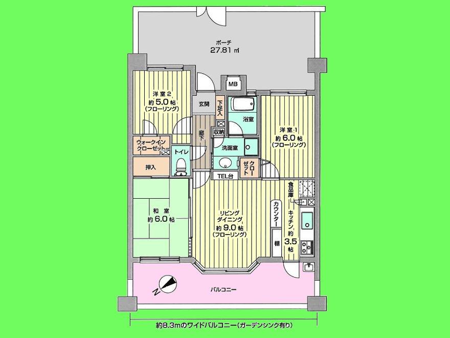 Floor plan. 3LDK, Price 17,900,000 yen, Occupied area 64.82 sq m , Balcony area 15.3 sq m