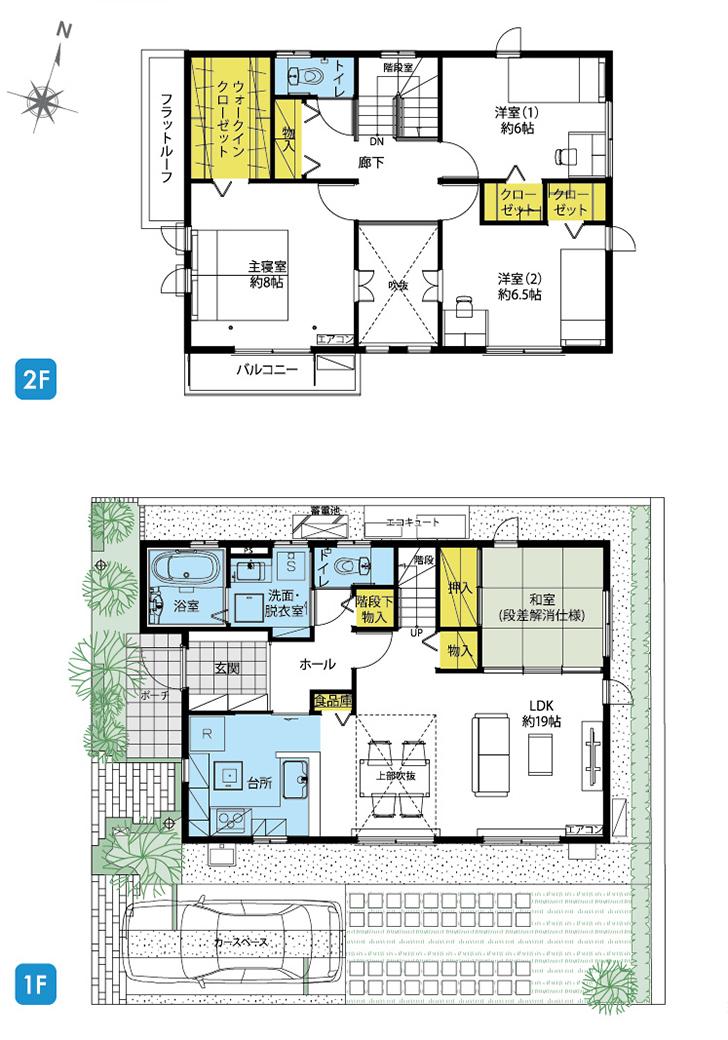 Floor plan.  [1-2 No. land] So we have drawn on the basis of the Plan view] drawings, Plan and the outer structure ・ Planting, etc., It may actually differ slightly from.  Also, car ・ Consumer electronics ・ furniture ・ It is such as equipment not included in the price.