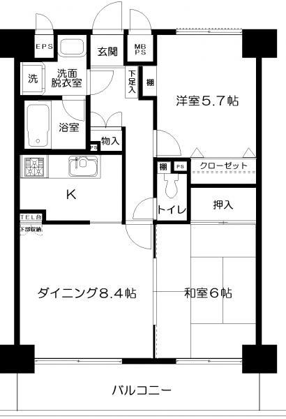 Floor plan. 2DK, Price 12.8 million yen, Occupied area 56.42 sq m , Balcony area 8.76 sq m