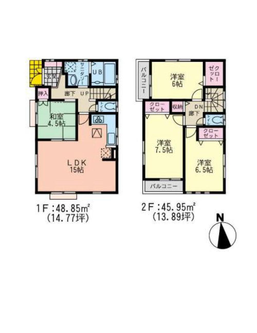 Floor plan. (Building 2), Price 33,800,000 yen, 4LDK, Land area 100 sq m , Building area 94.8 sq m
