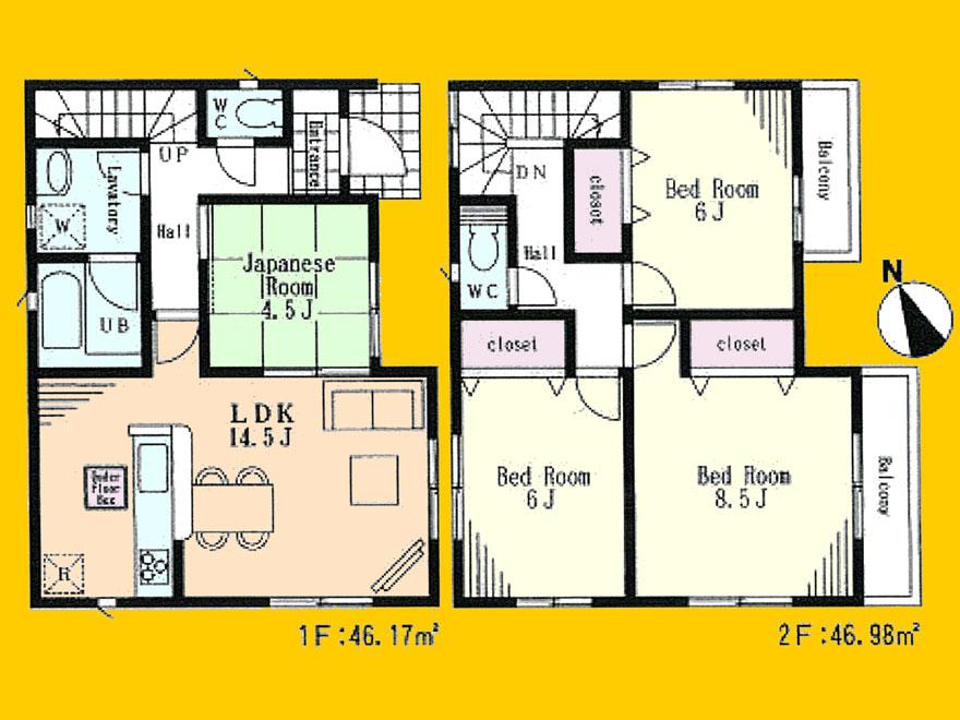 Floor plan. (Building 2), Price 32,800,000 yen, 4LDK, Land area 125.25 sq m , Building area 93.15 sq m