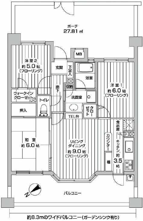 Floor plan. 3LDK, Price 17,900,000 yen, Occupied area 64.82 sq m , Bright floor plan with a lighting surface on the balcony area 15.3 sq m east and west.