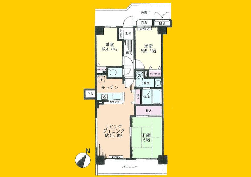 Floor plan. 3LDK, Price 14.8 million yen, Footprint 61.6 sq m , Balcony area 6.72 sq m