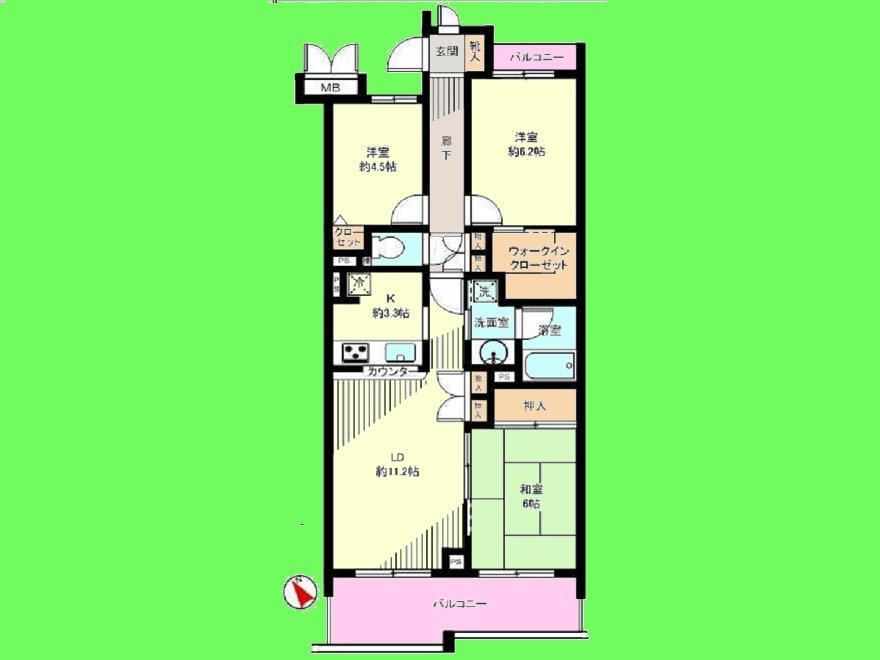 Floor plan. 3LDK, Price 19,800,000 yen, Occupied area 73.14 sq m , Balcony area 12.15 sq m
