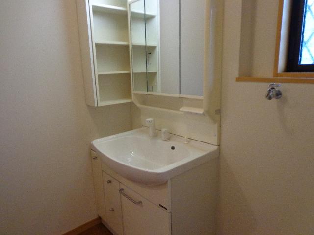 Wash basin, toilet. Three-way mirror with storage vanity