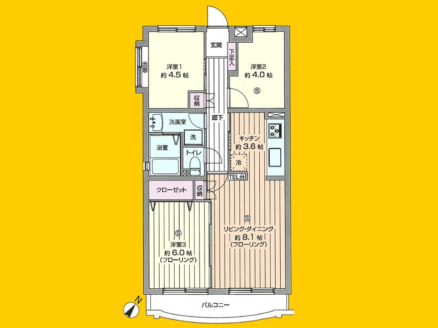 Floor plan. 3LDK, Price 12.8 million yen, Occupied area 58.27 sq m , Balcony area 6.07 sq m