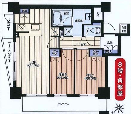 Floor plan. 2LDK, Price 30,800,000 yen, Occupied area 60.14 sq m , Is a figure taken between the balcony area 13.07 sq m.