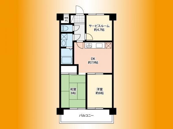 Floor plan. 2DK+S, Price 11 million yen, Footprint 51.3 sq m , Balcony area 7.56 sq m