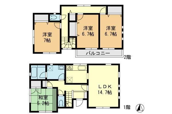 Floor plan. (Building 2), Price 34,800,000 yen, 4LDK+S, Land area 140.35 sq m , Building area 100.84 sq m