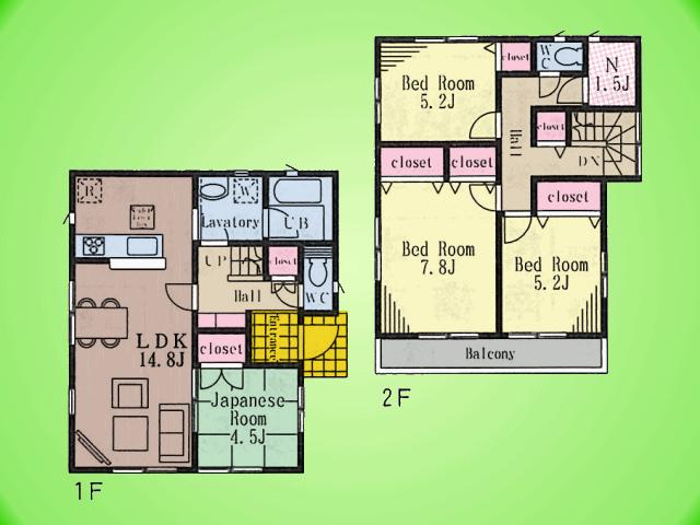 Floor plan. (3 Building), Price 34,800,000 yen, 4LDK, Land area 99.37 sq m , Building area 95.98 sq m