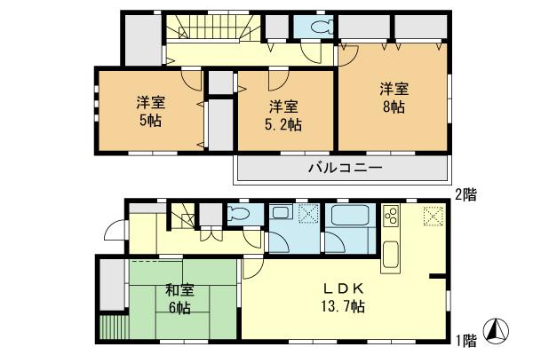 Floor plan. (1 Building), Price 31,800,000 yen, 4LDK, Land area 158.07 sq m , Building area 98 sq m