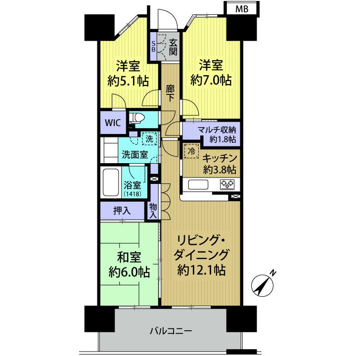 Floor plan. 3LDK, Price 24,800,000 yen, Occupied area 75.56 sq m , Balcony area 12.3 sq m