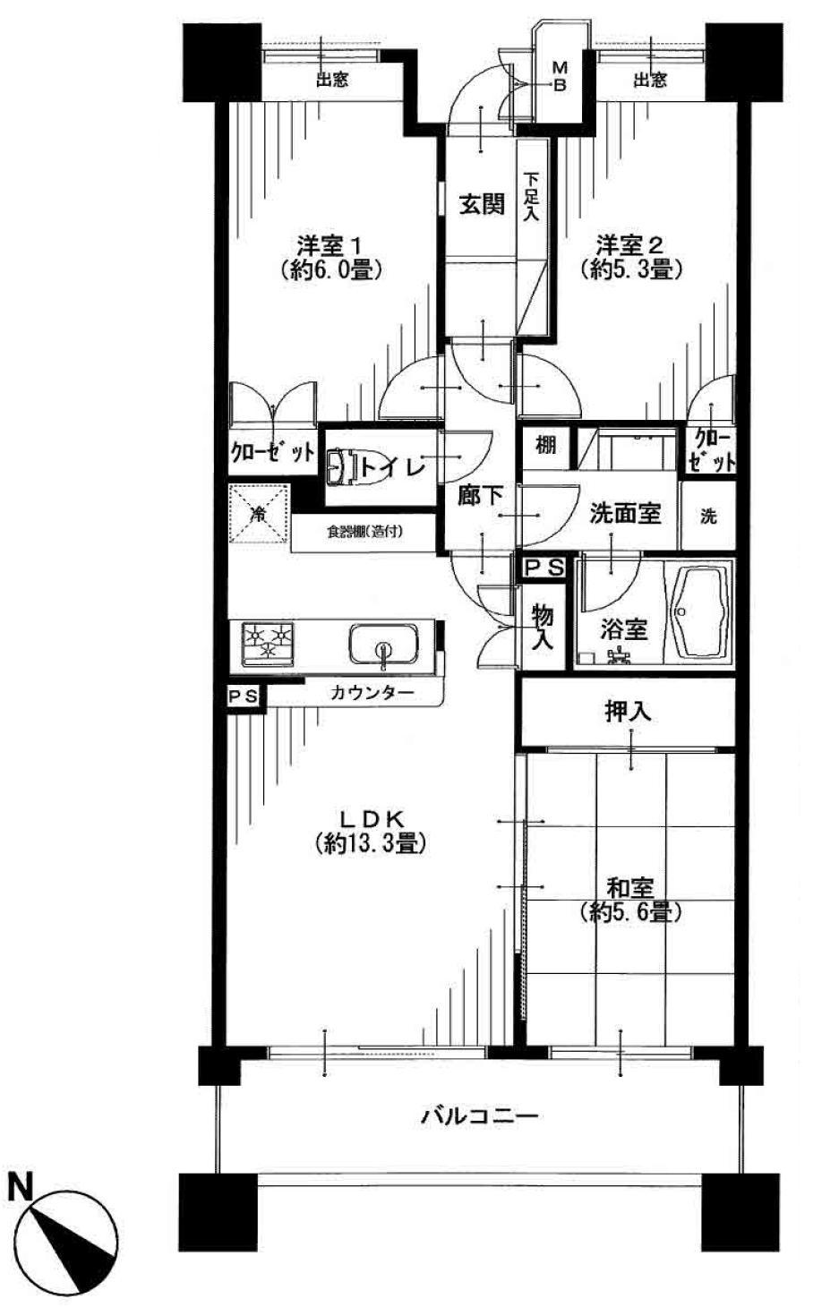 Floor plan. 3LDK, Price 36,900,000 yen, Occupied area 66.56 sq m , Balcony area 8.8 sq m