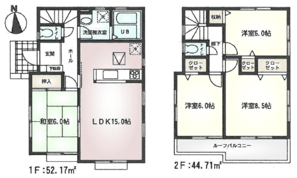Floor plan. (Building 2), Price 26,300,000 yen, 4LDK, Land area 124.62 sq m , Building area 96.88 sq m