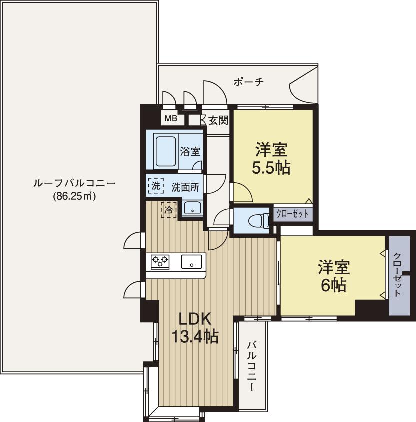 Floor plan. 2LDK, Price 15.9 million yen, Occupied area 56.75 sq m , Balcony area 2.7 sq m roof balcony 86.25 sq m