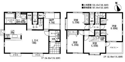 Floor plan. 36,800,000 yen, 4LDK + S (storeroom), Land area 133.43 sq m , Building area 107.64 sq m LDK18 Pledge  There is attic storage