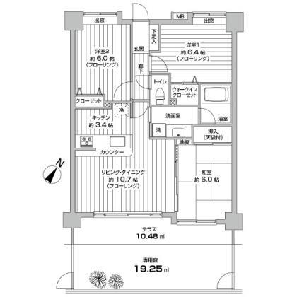 Floor plan. 3LDK, Price 21,800,000 yen, Occupied area 69.16 sq m , Balcony area 10.48 sq m