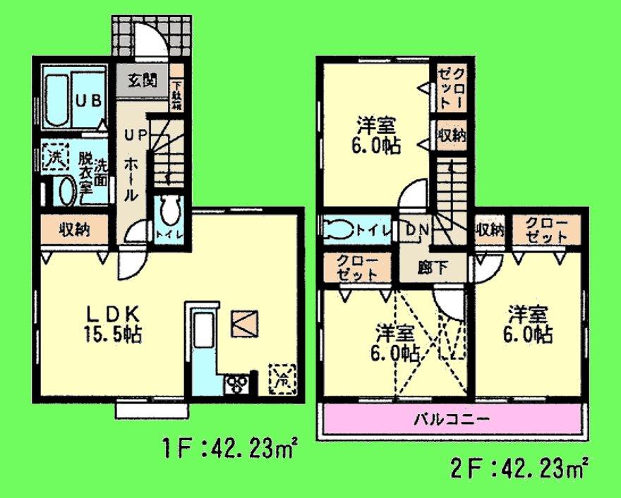 Floor plan. (Building 2), Price 35,500,000 yen, 3LDK, Land area 85 sq m , Building area 84.46 sq m
