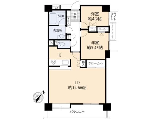 Floor plan. 2LDK, Price 16.8 million yen, Occupied area 59.74 sq m , Balcony area 9 sq m floor plan