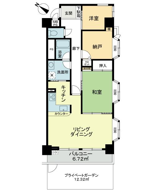Floor plan. 2LDK + S (storeroom), Price 9.8 million yen, Occupied area 66.94 sq m , Balcony area 6.72 sq m