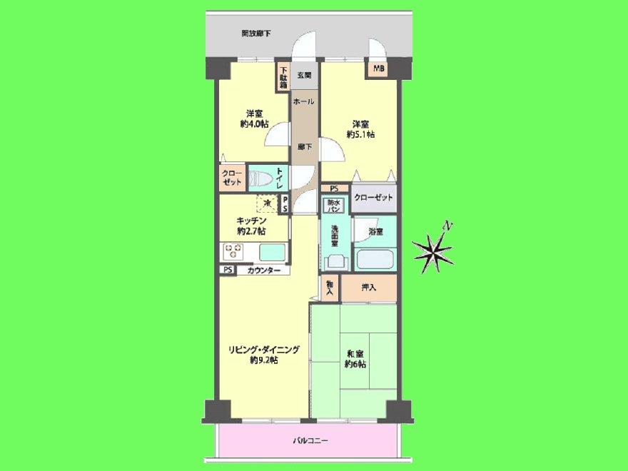 Floor plan. 3LDK, Price 19,980,000 yen, Occupied area 59.95 sq m , Balcony area 6.6 sq m