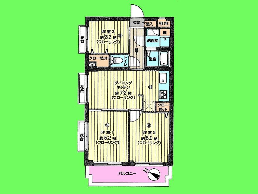 Floor plan. 3LDK, Price 11.3 million yen, Occupied area 45.06 sq m , Balcony area 5.9 sq m
