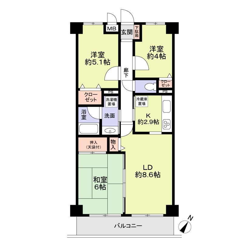 Floor plan. 3LDK, Price 14.8 million yen, Occupied area 59.95 sq m , Balcony area 6.6 sq m