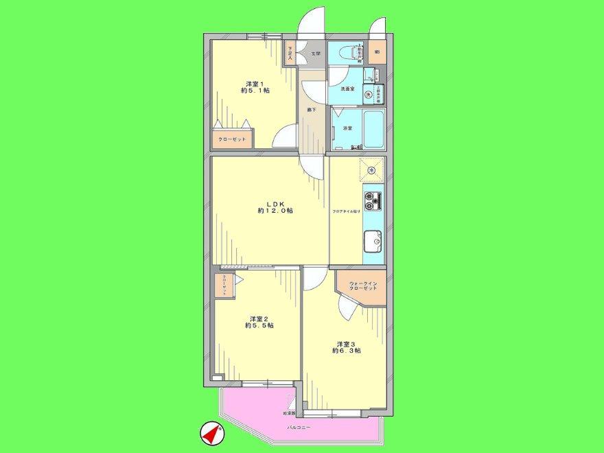 Floor plan. 3LDK, Price 17.8 million yen, Occupied area 61.72 sq m , Balcony area 5.84 sq m