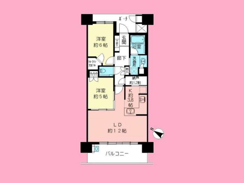 Floor plan. 2LDK, Price 46,300,000 yen, Occupied area 63.25 sq m , Balcony area 10.83 sq m
