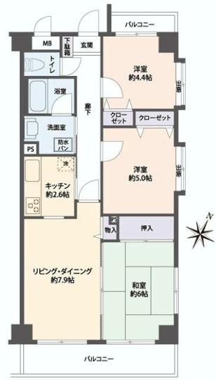 Floor plan. 3LDK, Price 19,980,000 yen, Occupied area 59.95 sq m , Balcony area 8.4 sq m