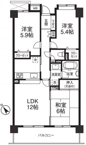 Floor plan. 3LDK, Price 21 million yen, Occupied area 66.08 sq m , Balcony area 9 sq m